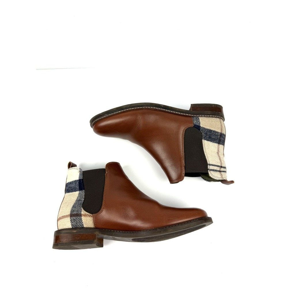 Barbour Sloane Chelsea Boots US 8 Brown Leather Tartan Plaid Pull On Bootie UK 6